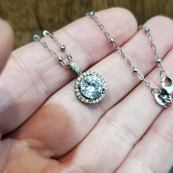 18 Inch 925 Sterling Silver Rustic Halo Gemstone CZ Pendant Necklace - Picture 4 of 8